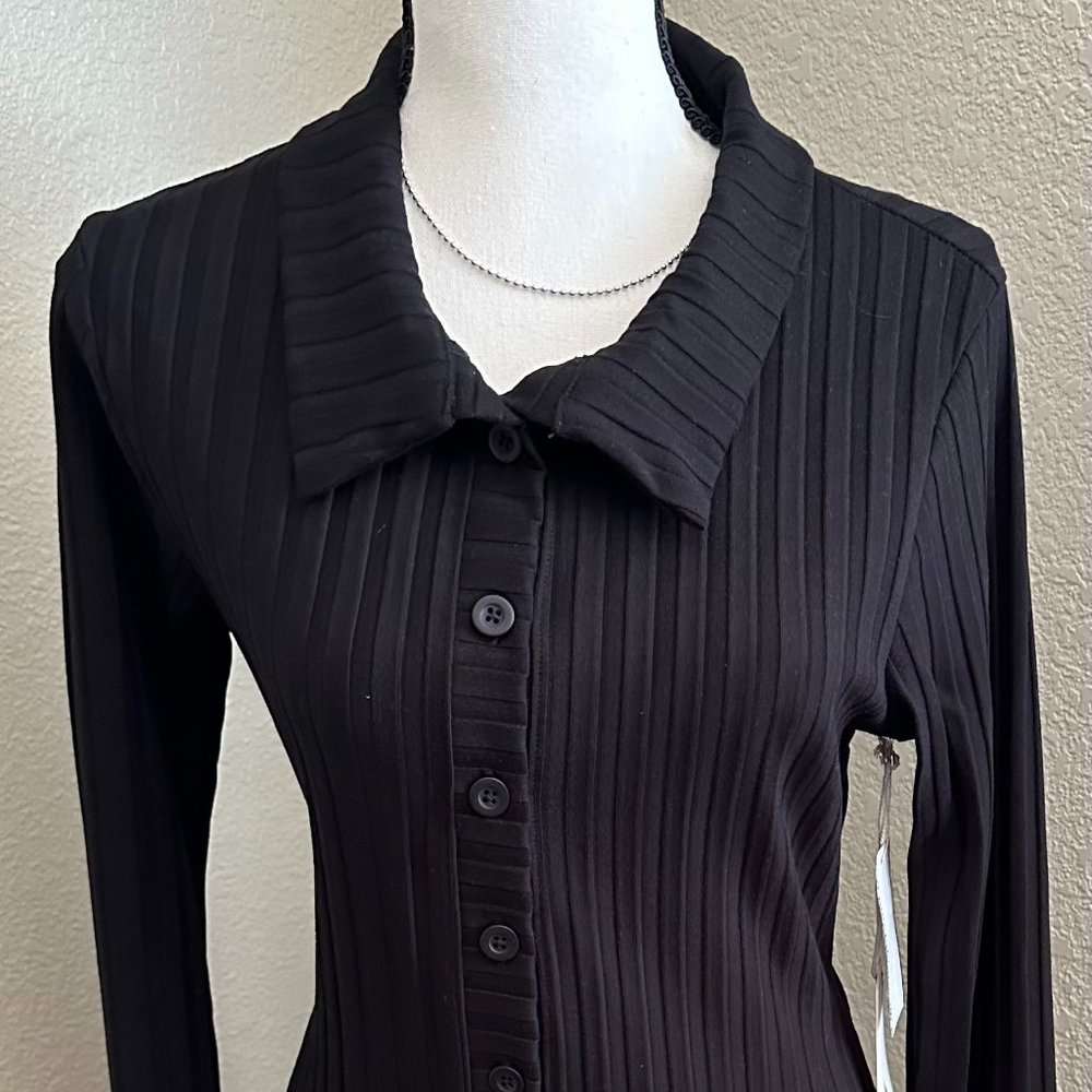 Good American Midi Dress NWT 4 Black Long Sleeve Button Collared